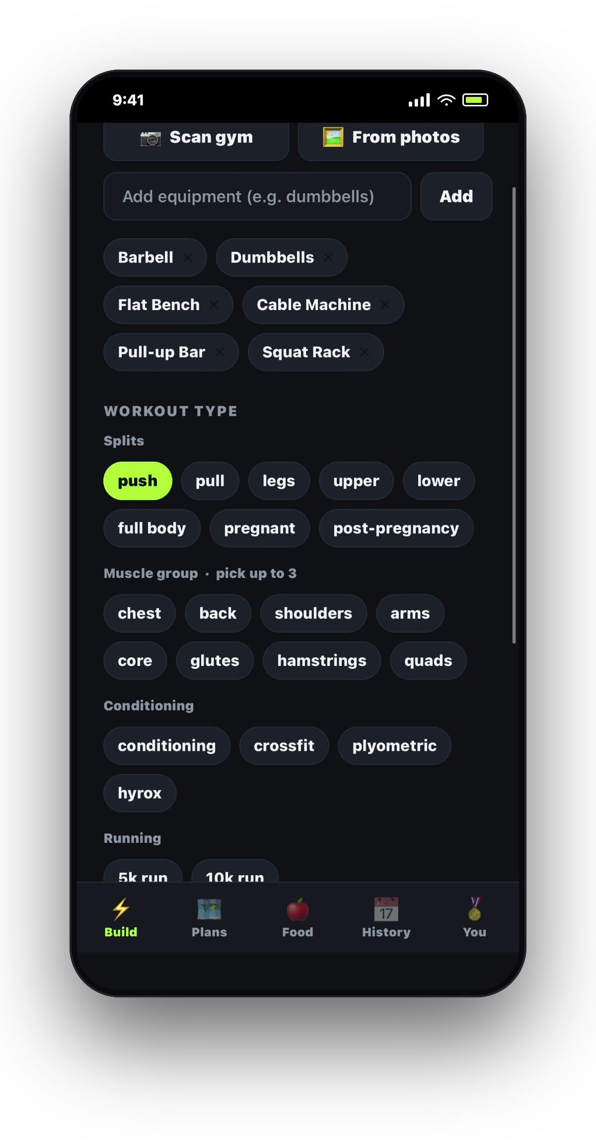 Sharpen build screen — scan gym or pick equipment