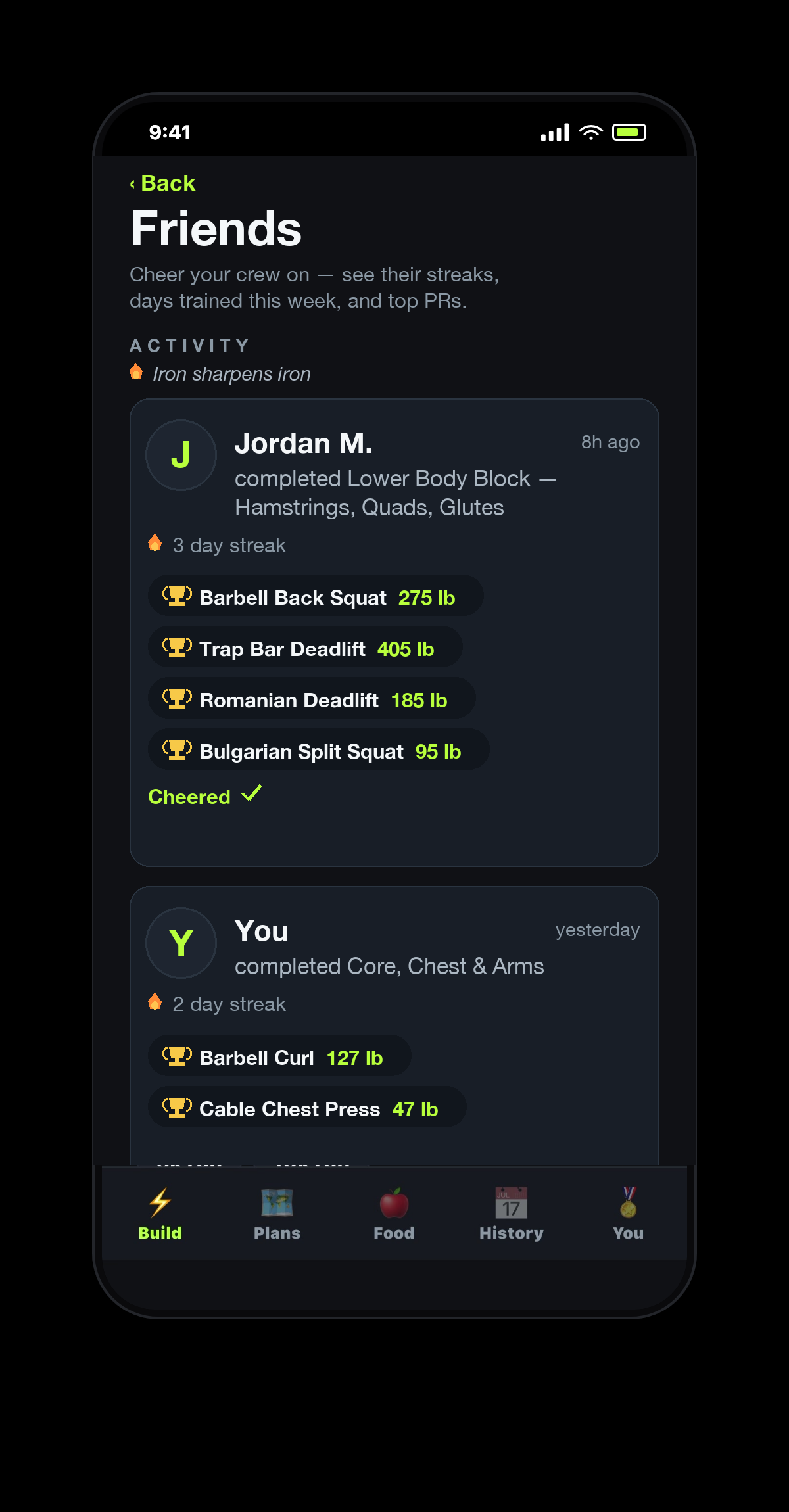Sharpen Fit friends activity feed — see your crew's workouts, streaks and PRs, and cheer them on