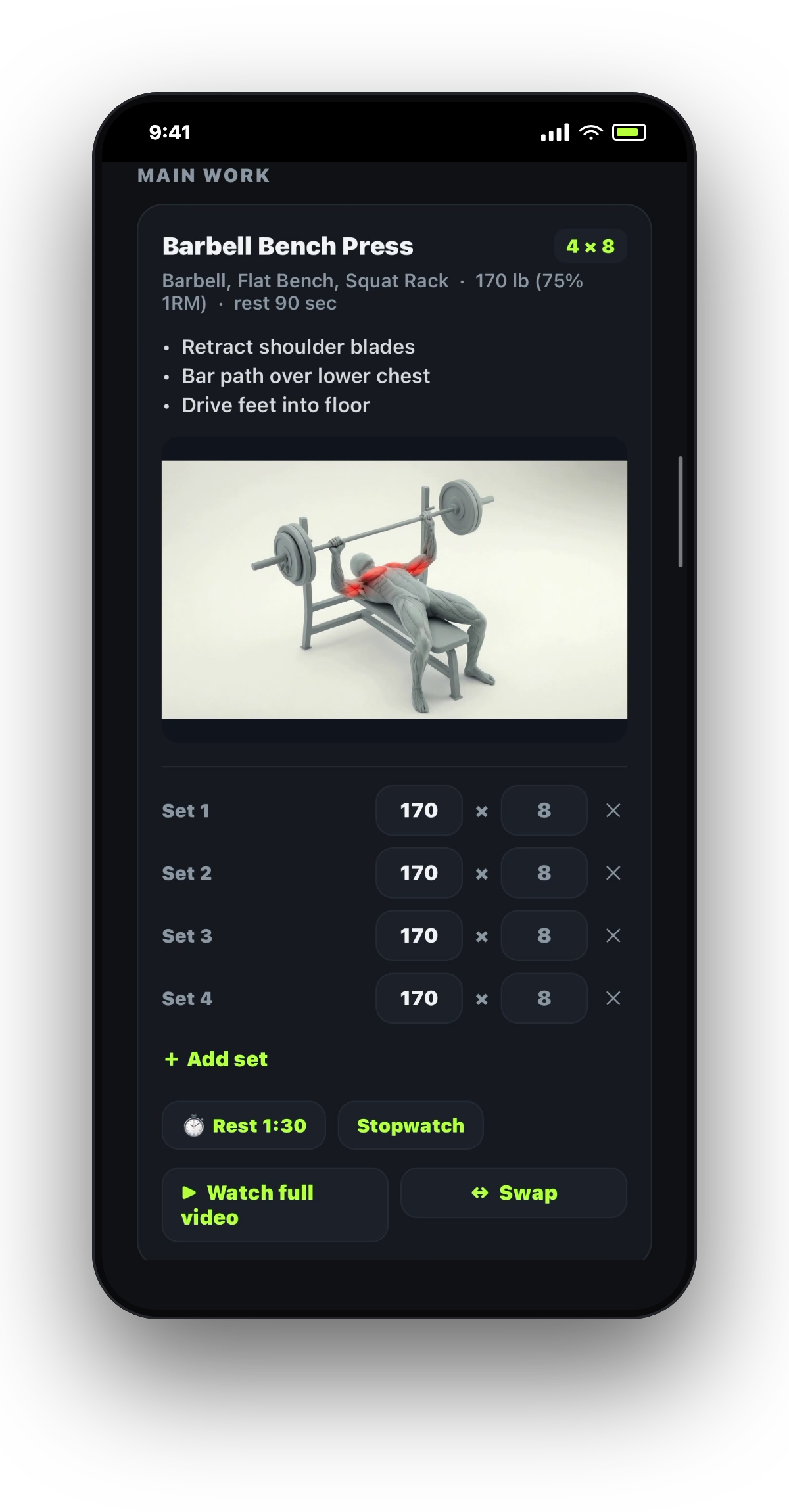 A Sharpen AI-generated workout with sets, reps, weights and a form-demo video
